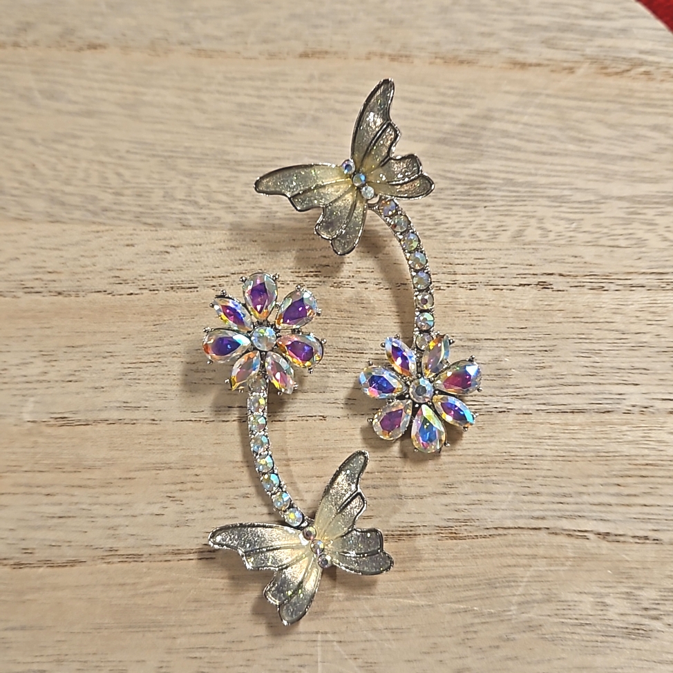 Aurora Borealis Rhinestones Silvertone Butterfly Flower Dangle Earrings